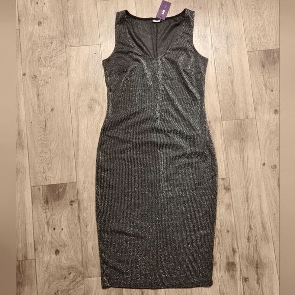 Lascana Ribbed Glitter V-neck Sleeveless Dress Black Size 8 - Picture 2 of 7